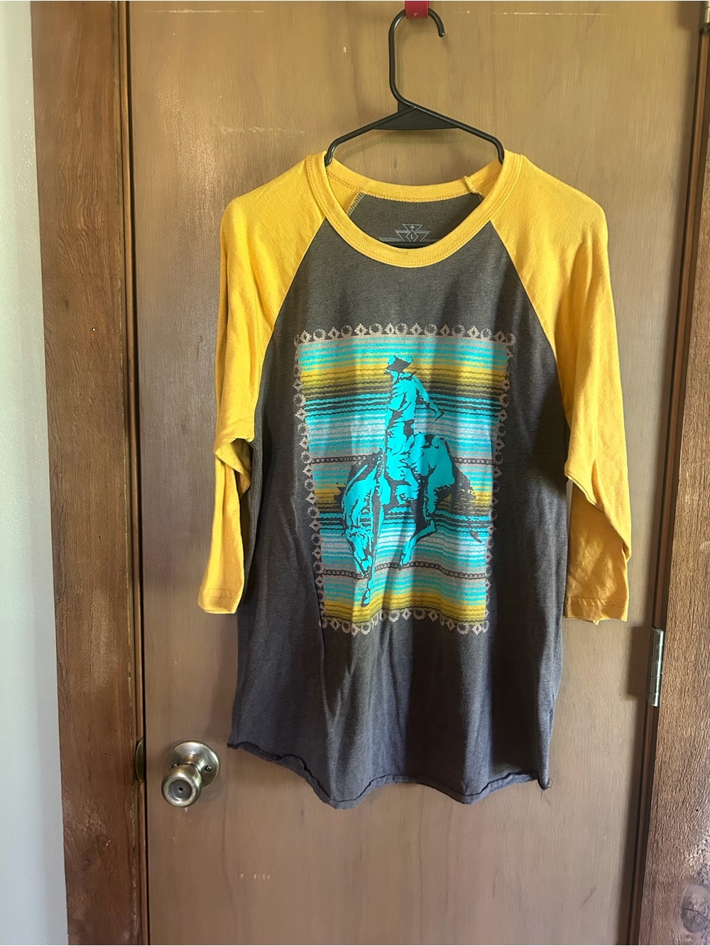 Crazy Train Yellow-Sleeve Raglan Tee with Turquoise Graphic
